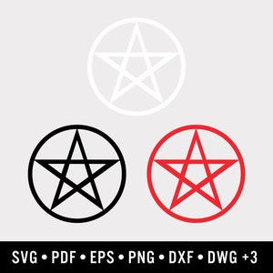 May include: Three pentagram designs in white, black, and red, each enclosed in a circle. The bottom of the image displays file format options: SVG, PDF, EPS, PNG, DXF, DWG, and +3.