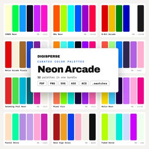 May include: A digital bundle of 12 curated color palettes titled Neon Arcade by Digisperse. The collection includes various sets of color swatches in PDF, PNG, SVG, ASE, ACO, and .swatches formats, featuring vibrant neon, pastel, and retro hues.