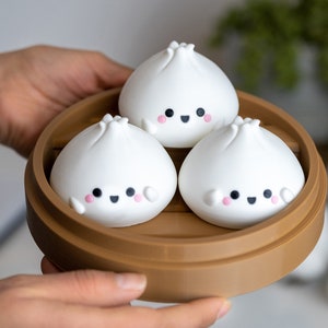 Bao Bun Figurines in a Cute Basket Kitchen Decor | Top Gift | Japanese Lovers Present | 3D Printed Desk Organizer | Kawaii Dim Sum Christmas