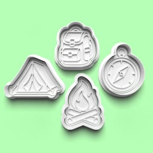 キャンプ用クッキーカッターセット – 3Dプリントのテント、キャンプファイヤー、ランタン、ツリーの形。アウトドアパーティーのベーキング、自然ギフト、夏の冒険のおやつに最適