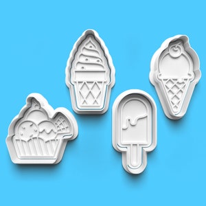 May include: Four white plastic cookie cutters shaped like different ice cream treats: a single scoop ice cream cone, a double scoop ice cream cone, a popsicle, and a single scoop ice cream cup.