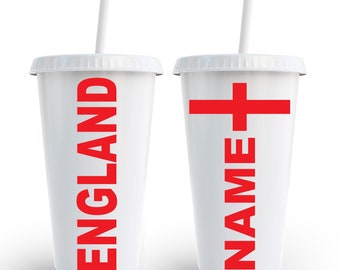 England Football Tumbler Personalized Kids & Adults 24oz Plastic Custom Name Cold Cup Euro Celebrations Party's