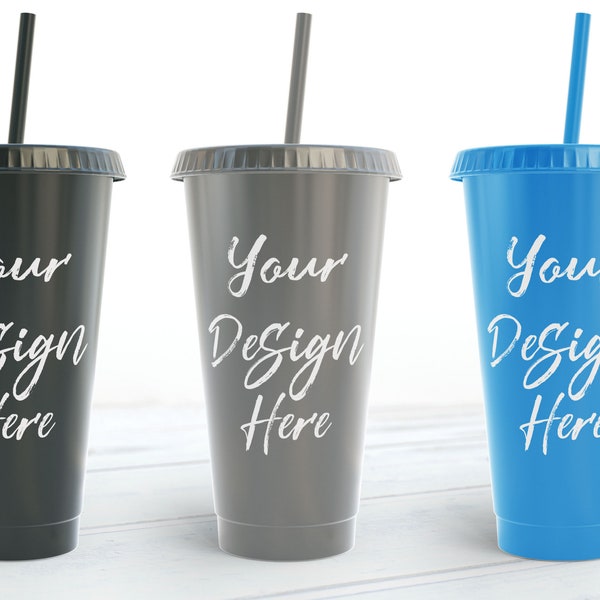 Customizable 24oz Cold Cup: Personalized on Solid Color Tumbler, Includes Lid & Straw. Bulk Buy for Wholesale. Any Text, Name or Logo