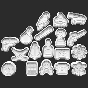 May include: A set of 16 white plastic cookie cutters shaped like various pirate-themed objects, including a parrot, a ship, a cannon, a hook, a sword, an anchor, a bottle, a treasure chest, a skull and crossbones, an octopus, a compass, a barrel, a map, a steering wheel, a bomb, and a pistol.