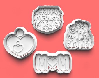 3D Printed Mothers Day Cookie Cutter Set: Floral, Heart, MOM