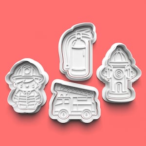 May include: Four white plastic cookie cutters shaped like a firefighter, a fire engine, a fire hydrant, and a fire extinguisher. The cutters are on a pink background.