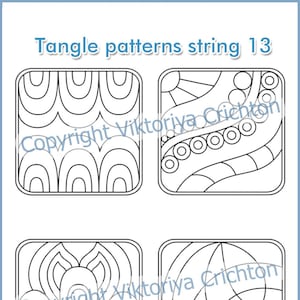 May include: Four black and white tangle pattern designs in square frames. The designs are intricate and geometric. The title "Tangle patterns string 13" is at the top of the image. A gray pen with the text "pigment liner 0.1" is at the bottom of the image.