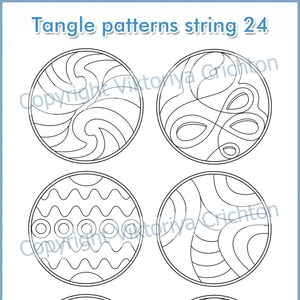 May include: Six black and white circular tangle patterns, ready to be colored in. The patterns are made up of lines, curves, and dots. A gray pen with the text "pigment liner 0.1" is shown in the bottom right corner of the image.
