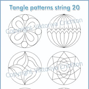 Puede incluir: Seis patrones de enredo en blanco y negro para colorear. Los patrones están en círculos y son todos diferentes. La imagen también incluye una pluma gris con el texto "pigment liner 0.1" en ella.