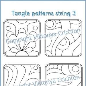 May include: Four black and white tangle patterns in square frames. The patterns are made up of circles, lines, and swirls. The text "Copyright Viktoriya Crichton" is written on the image. A gray pen is shown in the bottom right corner of the image.