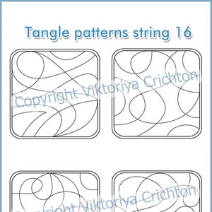 May include: Four black and white tangle patterns in square frames. The text "Tangle patterns string 16" is at the top of the image. The text "Copyright Viktoriya Crichton" is repeated twice in the image. A grey pen with the text "pigment liner 0.1" is at the bottom of the image.