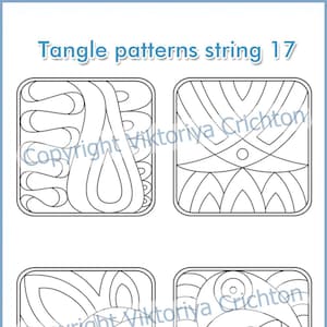 May include: Four black and white tangle pattern designs in square frames. The designs are intricate and geometric. A gray pen with the text "pigment liner 0.1" is shown below the designs.
