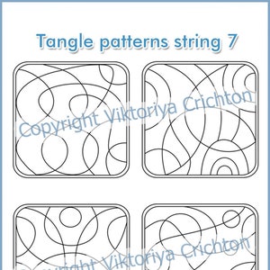May include: Four black and white tangle patterns, each in a square frame. The patterns are made up of overlapping circles and lines. The image also includes a gray pen with the text "pigment liner 0.1" on it.