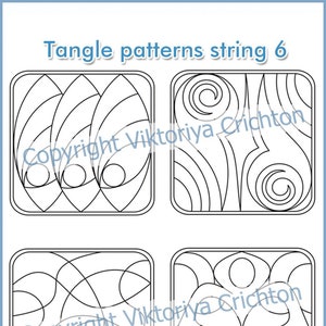May include: Four black and white tangle pattern designs in square frames. The designs are intricate and geometric. A gray pen with the text "pigment liner 0.1" is in the bottom right corner of the image.