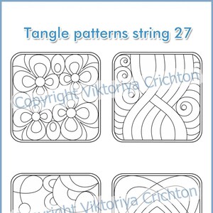 May include: Four black and white tangle pattern designs in square frames. The designs are intricate and detailed, perfect for coloring or practicing drawing.