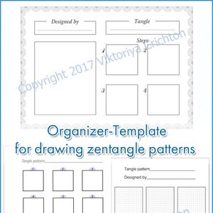 May include: A printable worksheet with a template for drawing zentangle patterns. The worksheet includes a section for the tangle pattern name, designer, and steps. There are six blank squares for drawing the pattern and a larger square for practicing the pattern.