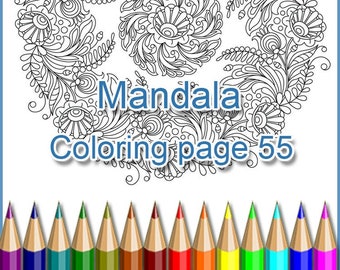 Coloring page 55 for adult, Mandala PDF and JPEG, doodle (zentangle) art pattern, printable, doodle flowers wreath.