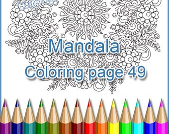 Mandala coloring page 49 for adult, PDF and JPEG, doodle (zentangle) art pattern, printable, doodle flowers wreath.