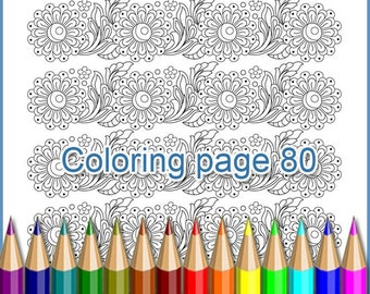 Coloring page 80 for adults with graphic chamomile with leaves in a row. Coloring page antistress, floral ornament.