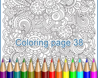Coloring page 38 for adults, zendoodle flowers, printable PDF and JPEG, zenart patterns.