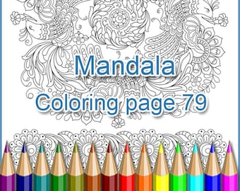 Mandala à colorier page 79, avec un oiseau magique avec une camomille dans son bec, avec des fleurs et des feuilles, pour adultes. Décoration florale.