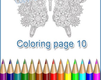 Coloring page 10 for adults - Butterfly,  doodle flowers printable, PDF and JPEG, doodle inspired.