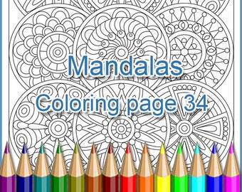 12 Mandalas, Coloring page 34 for adult, zentangle art pattern, printable.