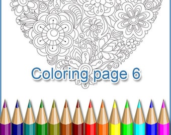 Coloring page 6, Heart, doodle flowers for adult, PDF and JPEG.