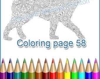 Coloring page 58, Dog, doodle flowers for adults, printable PDF and JPEG, zentangle art animal, zendoodle.