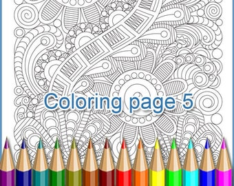 Coloriage d’art Zentangle page 5 pour adultes, feuille de coloriage inspirée du zentangle, PDF et JPEG imprimables.