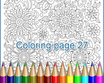 Coloring page 27, doodle flowers for adults, PDF and JPEG, zentangle art, intricate patterns.