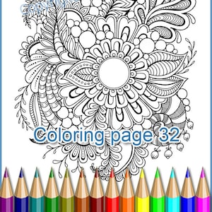 Malseite 32, Zen-Doodle (Zentangle) Blumen für Erwachsene, abstrakte grafische Handarbeit, Antistress-Farbmuster.