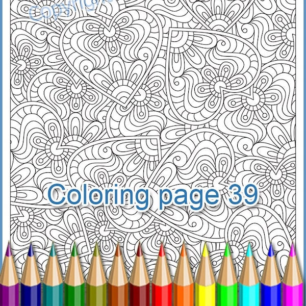 Hearts zentangle art coloring page pattern 39, zentangle inspired, PDF printable.