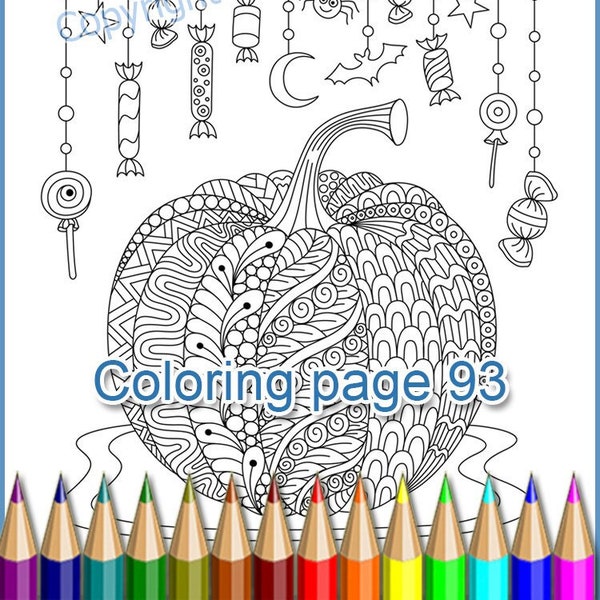 Coloring page 93. Happy Halloween, Holiday Pumpkin with zenart and dangle patterns, digital graphic JPEG and PDF.