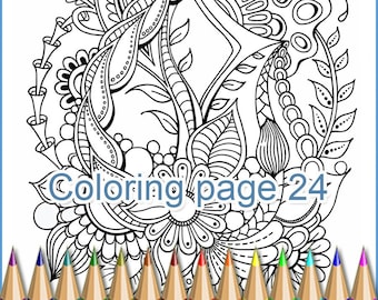 Coloring page 24 zentangle flowers for adults, printable graphic handmade, doodle inspired, zentangle intricate patterns.