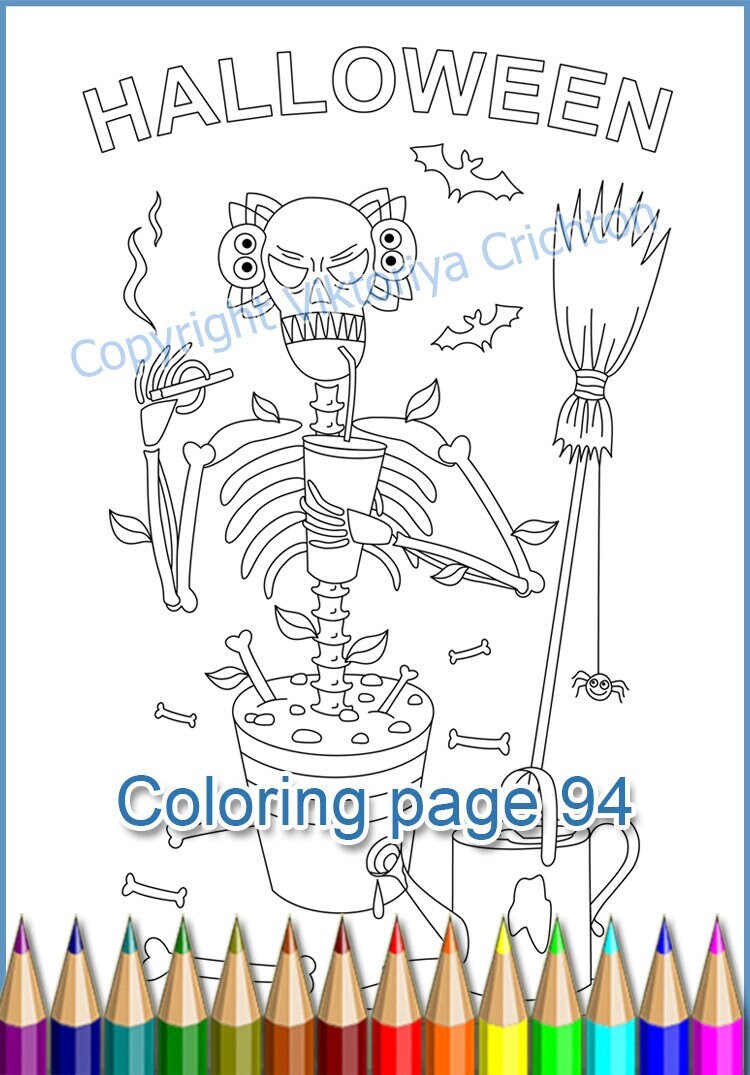 Coloring Page 94. Holiday Halloween Skeleton With Spider-earphones on ...
