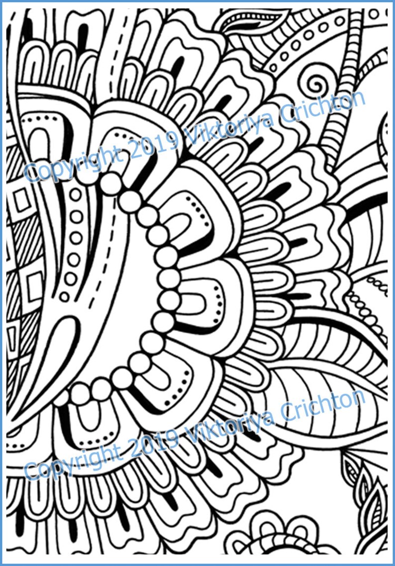 Doodle zentangle flowers coloring page for adults handmade | Etsy