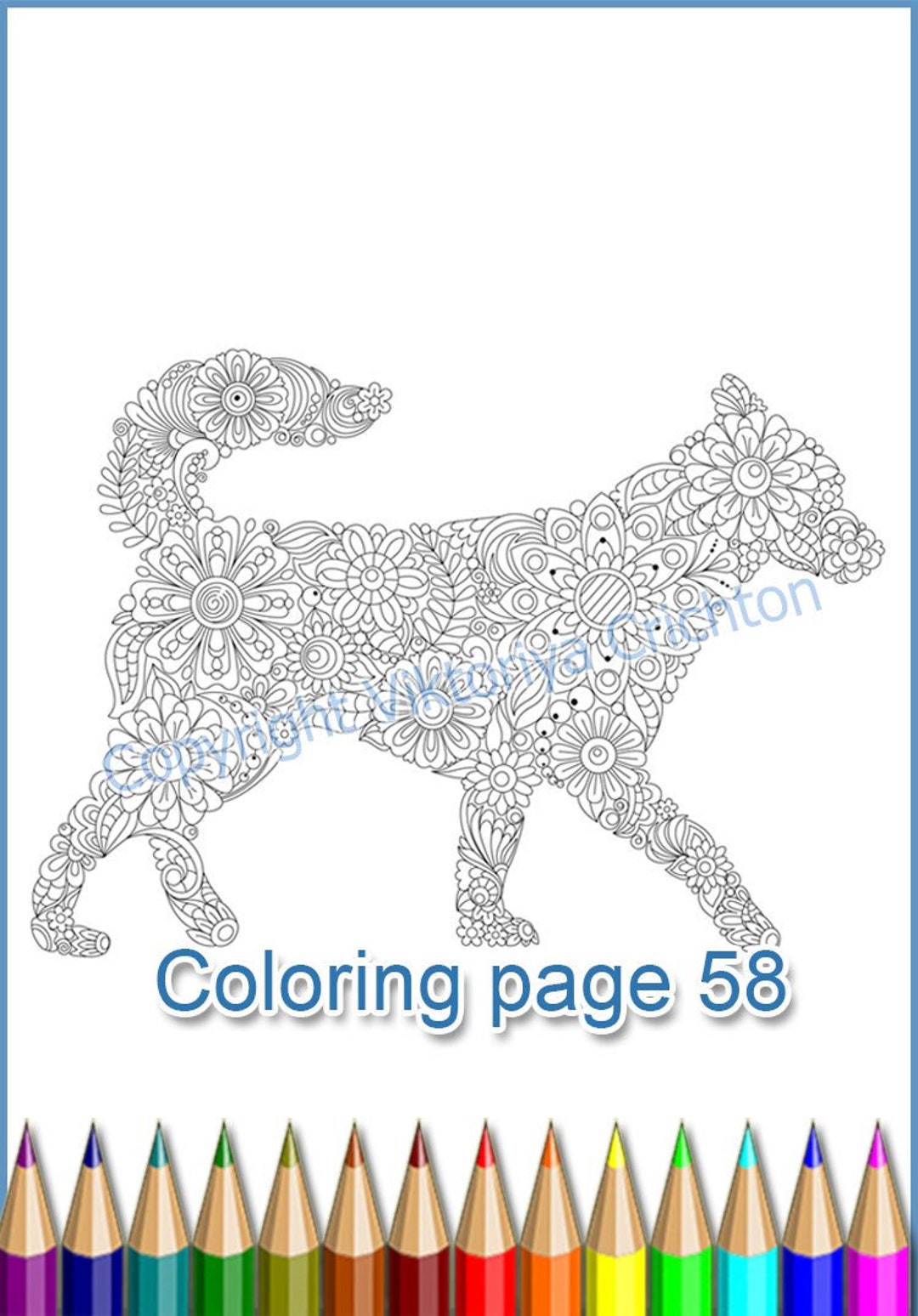 Coloring Page 58, Dog, Doodle Flowers for Adults, Printable PDF and