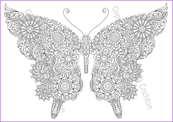 Butterfly Coloring Page 10 Doodle Flowers For Adults Etsy