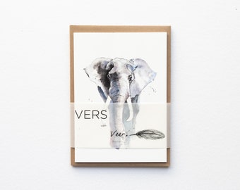 May include: A watercolour painting of an elephant on a white card with a brown envelope. The card has the text "VERS van Veer." printed on it.