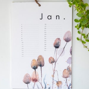 May include: A white calendar with the word "Jan." printed at the top. The calendar has numbers 1 through 31 listed down the left side and 18 through 31 listed down the right side. The background of the calendar is a watercolour illustration of brown and purple flowers.