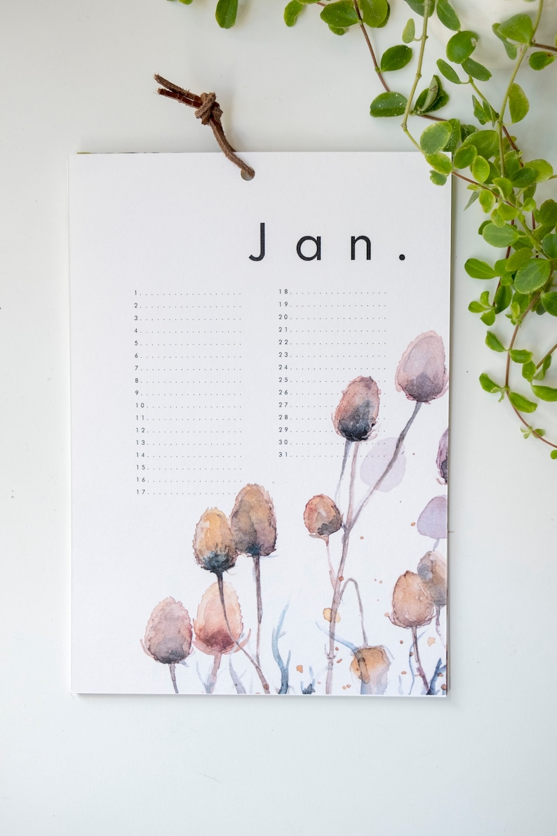 May include: A white calendar with the word "Jan." printed at the top. The calendar has numbers 1 through 31 listed down the left side and 18 through 31 listed down the right side. The background of the calendar is a watercolour illustration of brown and purple flowers.