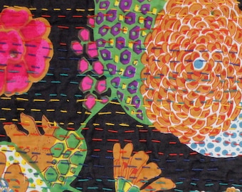 Black Floral Kantha Fabric By The Yard, Embroidered Indian Textile