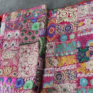 Pink Boho Indian Fabric by The Yard Embellished Fabric Patchwork Indian Textile Fabric Embroidered Upcycled Sewing Project Vintage Fabrics
