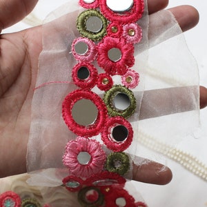 Pink Indian Bordüren und Schnürsenkel Faden Spiegel Steine Arbeit Spitzen Tupfen Zierleiste Schüttgut Netz Ethnische Hochzeitskleid Stickerei Spitze