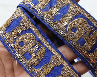 Bordures indiennes bleues dentelles et paillettes Zari garniture de travail dentelle éléphant garniture par mètre soie Boho robe embellie bordure décor à la maison garniture garniture dentelle