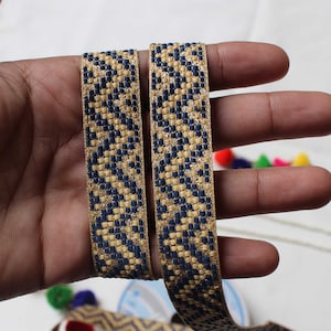 Ruban bleu en zigzag, bordure en dentelle jacquard doré par mètre, bordure en tissu de soie celtique pour rideaux, embellissements ethniques