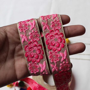 pink Floral indian embroidery lace-Celtic embroidery lace trim by the yard, ethnic gold boho trim, fabric trim for curtains indian lace