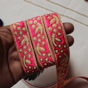 Pink Floral indian embroidery lace-gold jacquard lace trim by the yard, silk ribbon fabric trim for curtain, Bohemian embroidery lace border