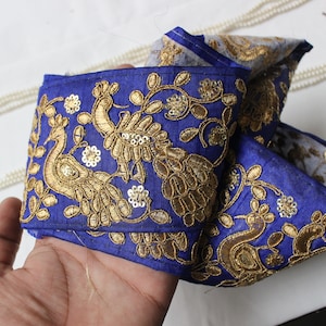 Acabamento em renda dourada Blue Peacock por metro - Acabamento em pérolas zari com lantejoulas, acabamento em tecido de fita de seda para cortinas, acabamento em borda de sari com decoração étnica boho